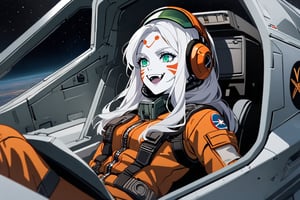  (white skin:1.5), pale skin, long hair, white hair, facial markings, green eyes, fangs, Rebel Alliance Pilot suit, Pilot Helmet, Boots, Russian aircraft, seat into cockpit, Smiling, air base, , aircraft take off, full body, heroic close up, night sky, RETURN OF THE JEDI