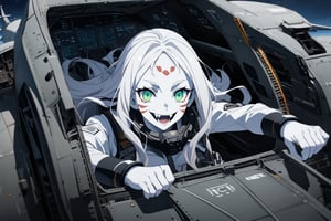  (white skin:1.5), pale skin, long hair, white hair, facial markings, green eyes, fangs, Black Pilot suit, Pilot Helmet, Boots, C-130 aircraft, seant into cockpit, Smiling, air base, , aircraft take off, full body, heroic close up, night sky