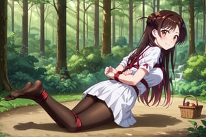 Tied girl, brown hair, forehead, brown pantyhose, white minidress, hands tied behind her back, tied rope, detailed feet, no shoes, feet focus, mischiveous smile, alone, forest, pic nic basket,chizuru ichinose,long hair,bangs,brown eyes,one side up,