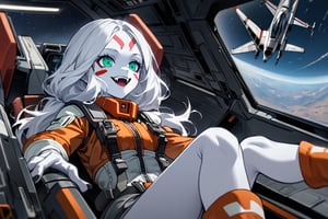  (white skin:1.5), pale skin, long hair, white hair, facial markings, green eyes, fangs, Rebel Alliance Pilot suit, Pilot Helmet, Boots, X-WING FIGHTER, seat into cockpit, Smiling, air base, , aircraft take off, full body, heroic close up, night sky, RETURN OF THE JEDI