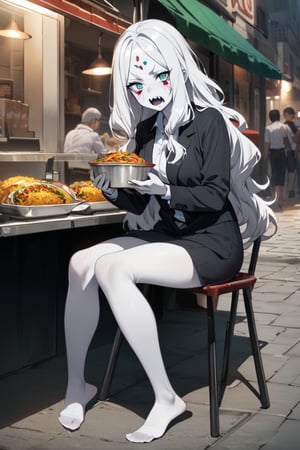  (white skin:1.5), pale skin, long hair, white hair, facial markings, green eyes, fangs, dark street, eating at street stall, Mexican food,  tired look, no shoes, detailed feet, office clothes, gray pantyhose, full body