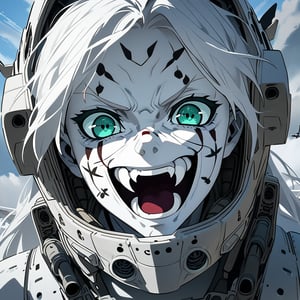  (white skin:1.5), pale skin, long hair, white hair, facial markings, green eyes, fangs, Pilot suit, Pilot Helmet, Boots, C-130 aircraft, Smiling, air base, , aircraft take off, full body, heroic close up