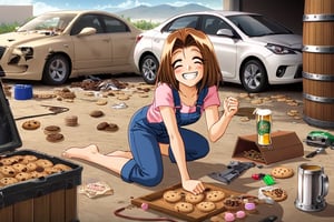 RENA,EROGE, 1girl, brown hair, work overall, barefoot, car repair garage, destroyed car, hardware, drunk, , lazyness, cinycal smile, box of cookies, beer barrels, rubbish floor, good anatomy, dirty clothes, Anya smile meme, bunch of puppies and kitties around, millenium Falcon starship at distance