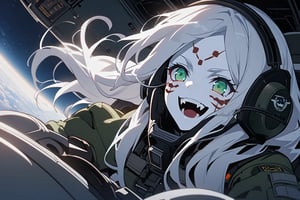  (white skin:1.5), pale skin, long hair, white hair, facial markings, green eyes, fangs, Black Pilot suit, Pilot Helmet, Boots, C-130 aircraft, seant into cockpit, Smiling, air base, , aircraft take off, full body, heroic close up, night sky