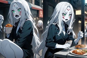  (white skin:1.5), pale skin, long hair, white hair, facial markings, green eyes, fangs, dark street, eating at street stall, tired look, shoes outside, office clothes, pantyhose