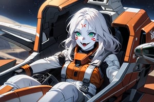  (white skin:1.5), pale skin, long hair, white hair, facial markings, green eyes, fangs, Rebel Alliance Pilot suit, Pilot Helmet, Boots, X-WING FIGHTER, seat into cockpit, Smiling, air base, , aircraft take off, full body, heroic close up, night sky, RETURN OF THE JEDI