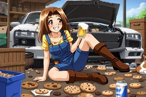 RENA,EROGE, 1girl, brown hair, work overall, boots, car repair garage, destroyed car, hardware, drunk, , lazyness, cinycal smile, box of cookies, beer barrels, rubbish floor, good anatomy, dirty clothes, Anya smile meme, bunch of puppies and kitties around