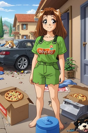 RENA,EROGE, anime coloring, 1girl, brown hair, work overall, barefoot, delivery green cubic backpack, in front to house, standing, street with apartaments, blacksploitation, destroyed car , lazyness, into motorcycle, cinycal smile, manage  pizza box, DIDI delivery t-shirt, rubbish floor, good anatomy, dirty clothes, bunch of puppies and kitties around, close up