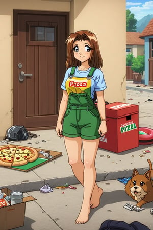 RENA,EROGE, anime coloring, 1girl, brown hair, work overall, barefoot, delivery green cubic backpack, in front to house, standing, street with apartaments, blacksploitation, destroyed car , lazyness, cinycal smile, manage  pizza box, DIDI delivery t-shirt, rubbish floor, good anatomy, dirty clothes, bunch of puppies and kitties around, close up