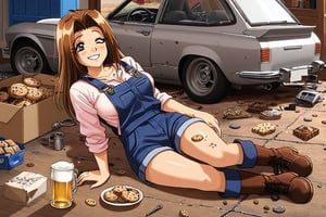 RENA,EROGE, 1girl, brown hair, work overall, boots, car repair garage, destroyed car, hardware, drunk, , lazyness, cinycal smile, box of cookies, beer barrels, rubbish floor, good anatomy, dirty clothes, Anya smile meme, bunch of puppies and kitties around, millenium Falcon starship at distance