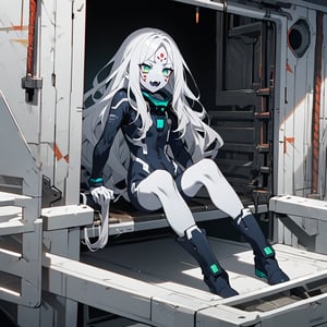  (white skin:1.5), pale skin, long hair, white hair, facial markings, green eyes, fangs, dark blue Pilot suit, Boots, resting into hangar, full body, 