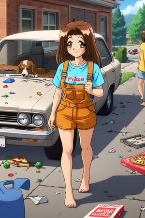 RENA,EROGE, anime coloring, 1girl, brown hair, work overall, barefoot, delivery green cubic backpack, in front to house, standing, street with apartaments, blacksploitation, destroyed car , lazyness, cinycal smile, manage  pizza box, deliuvery t-shirt, rubbish floor, good anatomy, dirty clothes, bunch of puppies and kitties around, close up