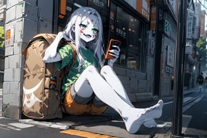  (white skin:1.5), pale skin, long hair, white hair, facial markings, green eyes, fangs, street, shorts, delivery backpack, long Tshirt, no shoes, seat waiting, gropup of deliver employes, relaxing, view to phone, 