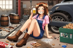 RENA,EROGE, 1girl, brown hair, work overall, boots, car repair garage, destroyed car, hardware, drunk, , lazyness, cinycal smile, box of cookies, beer barrels, rubbish floor, good anatomy, dirty clothes, Anya smile meme, bunch of puppies and kitties around