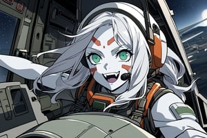  (white skin:1.5), pale skin, long hair, white hair, facial markings, green eyes, fangs, Rebel Alliance Pilot suit, Pilot Helmet, Boots, C-130 aircraft, seant into cockpit, Smiling, air base, , aircraft take off, full body, heroic close up, night sky