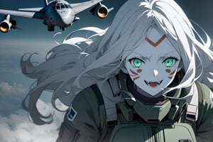  (white skin:1.5), pale skin, long hair, white hair, facial markings, green eyes, fangs, Black Pilot suit, Pilot Helmet, Boots, C-130 aircraft, Smiling, air base, , aircraft take off, full body, heroic close up