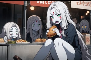  (white skin:1.5), pale skin, long hair, white hair, facial markings, green eyes, fangs, dark street, eating at street stall, tired look, shoes outside, office clothes, pantyhose