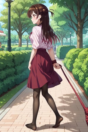 girl, brown hair, forehead, skirt, blouse, pantyhose, detailed feet, no shoes, park, looking to viewer, walking, rope bound, hands tied behind back, light laugh,chizuru ichinose,long hair,bangs,brown eyes,one side up, viewed from behind 