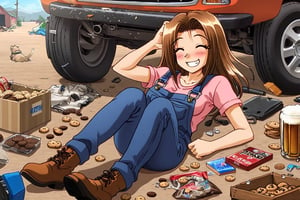 RENA,EROGE, 1girl, brown hair, work overall, boots, car repair garage, destroyed car, hardware, drunk, , lazyness, cinycal smile, box of cookies, beer barrels, rubbish floor, good anatomy, dirty clothes, Anya smile meme, bunch of puppies and kitties around, milñenium Falcon starship at distance