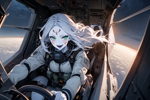  (white skin:1.5), pale skin, long hair, white hair, facial markings, green eyes, fangs, Black Pilot suit, Pilot Helmet, Boots, C-130 aircraft, seant into cockpit, Smiling, air base, , aircraft take off, full body, heroic close up, night sky