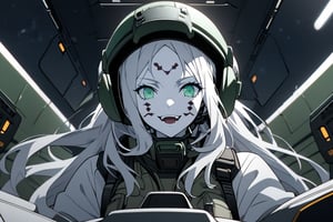  (white skin:1.5), pale skin, long hair, white hair, facial markings, green eyes, fangs, Black Pilot suit, Pilot Helmet, Boots, C-130 aircraft, seant into cockpit, Smiling, air base, , aircraft take off, full body, heroic close up, night sky