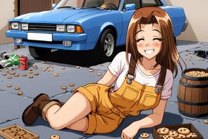 RENA,EROGE, 1girl, brown hair, work overall, boots, car repair garage, destroyed car, hardware, drunk, , lazyness, cinycal smile, box of cookies, beer barrels, rubbish floor, good anatomy, , Anya smile meme, 