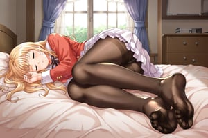 girl, white skirt, blouse, detailed feet, feet focus, no shoes, bedroom, in bed, good anatomy, good legs, good anatomy arms , funny face , tights, viewed from side below, alone, full body,AYANO,blonde_hair, long hair, ribbon, lying, ANIME COLORING, peaceful atmosphere, daylight from window, sleeping