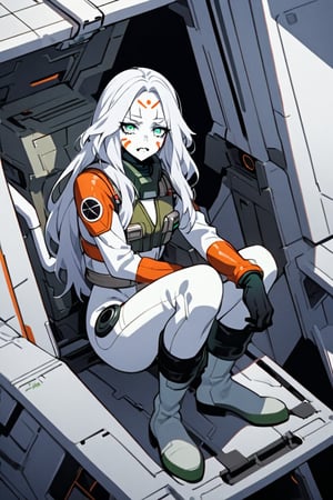  (white skin:1.5), pale skin, long hair, white hair, facial markings, green eyes, fangs, Rebel Alliance Pilot suit, Boots, resting into hangar, full body, 