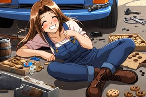 RENA,EROGE, 1girl, brown hair, work overall, boots, car repair garage, destroyed car, hardware, drunk, , lazyness, cinycal smile, box of cookies, beer barrels, rubbish floor, good anatomy, dirty clothes, Anya smile meme, bunch of puppies and kitties around