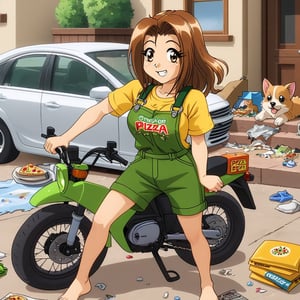 RENA,EROGE, anime coloring, 1girl, brown hair, work overall, barefoot, delivery green cubic backpack, in front to house, standing, street with apartaments, blacksploitation, destroyed car , lazyness, driving motorcycle, cinycal smile, manage  pizza box, DIDI delivery t-shirt, rubbish floor, good anatomy, dirty clothes, bunch of puppies and kitties around, close up