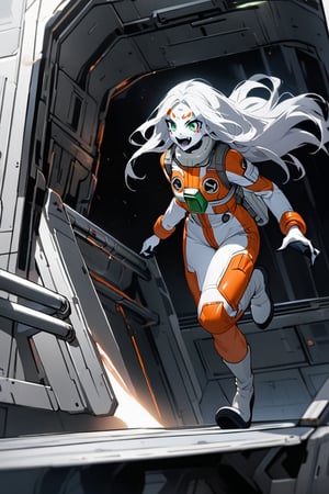  (white skin:1.5), pale skin, long hair, white hair, facial markings, green eyes, fangs, Rebel Alliance Pilot suit, Boots, walking into hangar, aircraft take off, full body, 