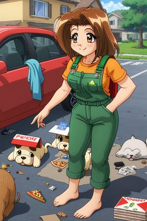 RENA,EROGE, anime coloring, 1girl, brown hair, work overall, barefoot, delivery green cubic backpack, in front to house, standing, street with apartaments, blacksploitation, destroyed car , lazyness, cinycal smile, manage  pizza box, DIDI delivery t-shirt, rubbish floor, good anatomy, dirty clothes, bunch of puppies and kitties around, close up