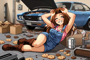 RENA,EROGE, 1girl, brown hair, work overall, boots, car repair garage, destroyed car, hardware, drunk, , lazyness, cinycal smile, box of cookies, beer barrels, rubbish floor, good anatomy, dirty clothes, Anya smile meme, bunch of puppies and kitties around, milñenium Falcon starship at distance