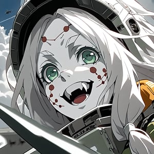  (white skin:1.5), pale skin, long hair, white hair, facial markings, green eyes, fangs, Pilot suit, Pilot Helmet, Boots, C-130 aircraft, Smiling, air base, , aircraft take off, heroic close up