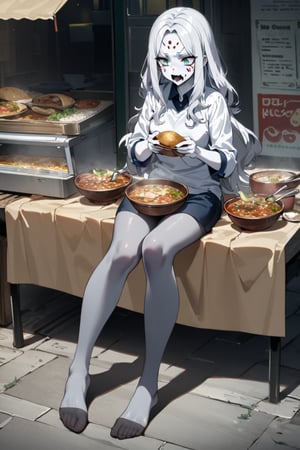  (white skin:1.5), pale skin, long hair, white hair, facial markings, green eyes, fangs, dark street, eating at street stall, Mexican food, pozole,  tired look, no shoes, detailed feet, office clothes, gray pantyhose, full body