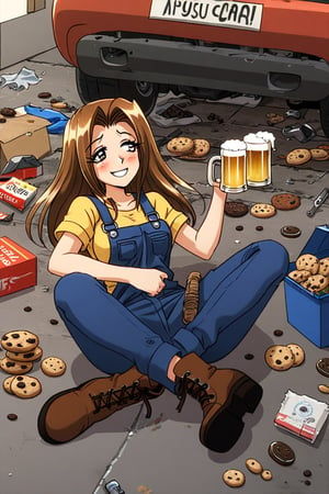 RENA,EROGE, 1girl, brown hair, work overall, boots, car repair garage, destroyed car, hardware, drunk, , lazyness, cinycal smile, box of cookies, beer, rubbish floor, good anatomy, , Anya smile meme, 