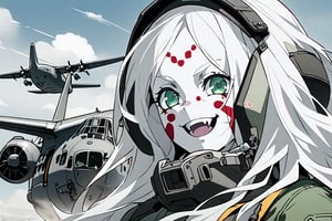  (white skin:1.5), pale skin, long hair, white hair, facial markings, green eyes, fangs, Pilot suit, Pilot Helmet, Boots, C-130 aircraft, Smiling, air base, , aircraft take off, heroic close up