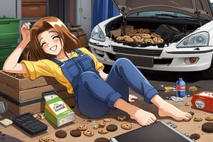 RENA,EROGE, 1girl, brown hair, work overall, barefoot, car repair garage, destroyed car, hardware, drunk, , lazyness, cinycal smile, box of cookies, beer barrels, rubbish floor, good anatomy, dirty clothes, Anya smile meme, bunch of puppies and kitties around, millenium Falcon starship at distance