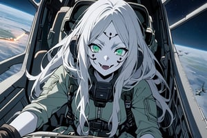  (white skin:1.5), pale skin, long hair, white hair, facial markings, green eyes, fangs, Black Pilot suit, Pilot Helmet, Boots, C-130 aircraft, seant into cockpit, Smiling, air base, , aircraft take off, full body, heroic close up, night sky