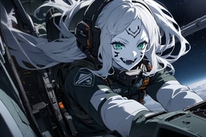  (white skin:1.5), pale skin, long hair, white hair, facial markings, green eyes, fangs, Black Pilot suit, Pilot Helmet, Boots, C-130 aircraft, seant into cockpit, Smiling, air base, , aircraft take off, full body, heroic close up, night sky