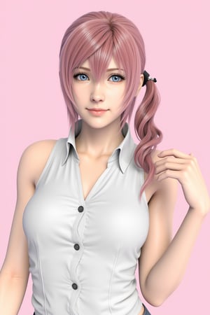 A close-up 3D render in Blender of Serah Farron from FF13, featuring her upper body in a dynamic pose. She has pink hair styled in a side ponytail and striking blue eyes. Wearing a white sleeveless button-up top, she leans slightly forward with one hand on her hip, exuding confidence. The scene is set against a soft pink background. The lighting is even, highlighting her features and outfit. The composition captures her dynamic stance, creating an engaging and energetic portrait.