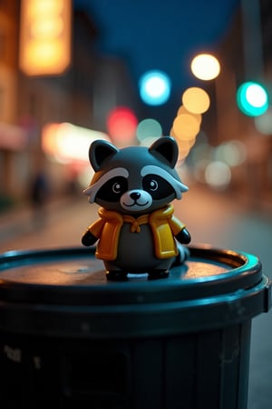 Close-up professional photo of a miniature T-pose raccoon toy on a trash can at night, dramatic natural light, amazing depth of field, shot on Lumix GH5 with cinematic bokeh, dynamic range, and vibrant colors. The raccoon toy is sharply focused, while the background is softly blurred, enhancing the dramatic effect.