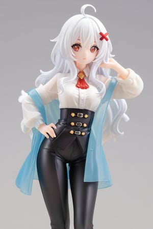 score_9, score_8_up, score_7_up, rating_safe, pvc figure, platstic material,cowboy shot, erispheria,white hair,red eyes, leaning_forward, left hand on hip, long hair, 1girl, hair ornament, x hair ornament, black pants