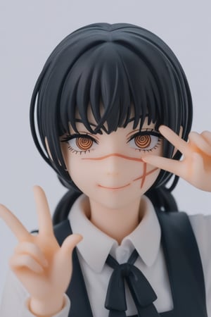 score_9, score_8_up, score_7_up, rating_safe, chainsaw_man, school background, pvc figure, platstic material, white background, product photo, 1girl, nervous smile, head_tilt, solo, brown eyes, cute, anime_screencap, asa_mitaka, ringed eyes, scar, scar_on_face, black hair, black ribbon, black pinafore dress, upper body, (double_peace, v-sign:1.25)
