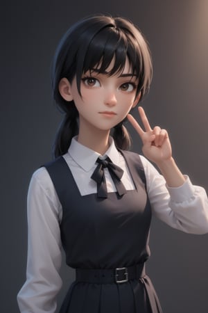 score_9, score_8_up, score_7_up, rating_safe, dark background 1 girl, solo, cute, disney pixar style, asa_mitaka, black hair, black ribbon, black pinafore dress, upper body, double_peace, v-sign