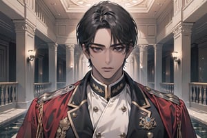  ((black very short hair)), (((dark skin:1.5))), ((center-parting bangs:1.4)), black eyes, ((mature)), serious, angular jaw, thick neck, wearing a (military uniform:1.3), long sleeve, by Raphael, masterpiece, upper body shot, magnificent indoor hall, Dichloe,1 man,1 boy