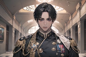  ((black very short hair)), (((dark skin:1.5))), ((center-parting bangs:1.4)), black eyes, ((mature)), serious, angular jaw, thick neck, wearing a (military uniform:1.3), long sleeve, by Raphael, masterpiece, upper body shot, magnificent indoor hall, Dichloe,1 man,1 boy