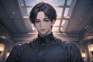  ((black very short hair)), (((dark skin:1.5))), ((center-parting bangs:1.4)), black eyes, ((mature)), serious, angular jaw, thick neck, wearing a (blue shirt:1.3), by Raphael, masterpiece, upper body shot, magnificent indoor hall, Dichloe,1 man,1 boy