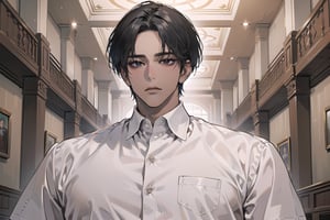  ((black very short hair)), (((dark skin:1.5))), ((center-parting bangs:1.4)), black eyes, ((mature)), serious, angular jaw, thick neck, wearing a (white shirt:1.3), by Raphael, masterpiece, upper body shot, magnificent indoor hall, Dichloe,1 man,1 boy