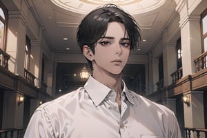  ((black very short hair)), (((dark skin:1.5))), ((center-parting bangs:1.4)), black eyes, ((mature)), serious, angular jaw, thick neck, wearing a (white shirt:1.3), by Raphael, masterpiece, upper body shot, magnificent indoor hall, Dichloe,1 man,1 boy